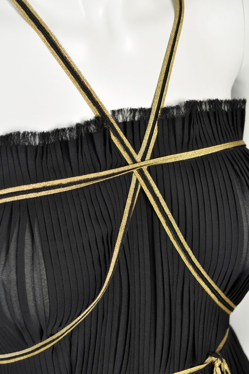 1970s Valentino Black + Gold Pleated Column Gown 2