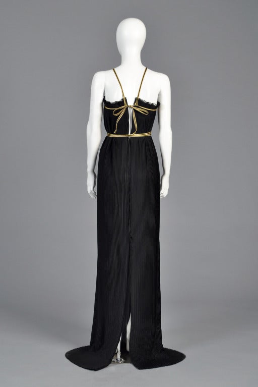 1970s Valentino Black + Gold Pleated Column Gown 3