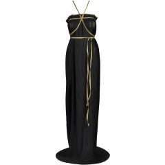 Vintage 1970s Valentino Black + Gold Pleated Column Gown