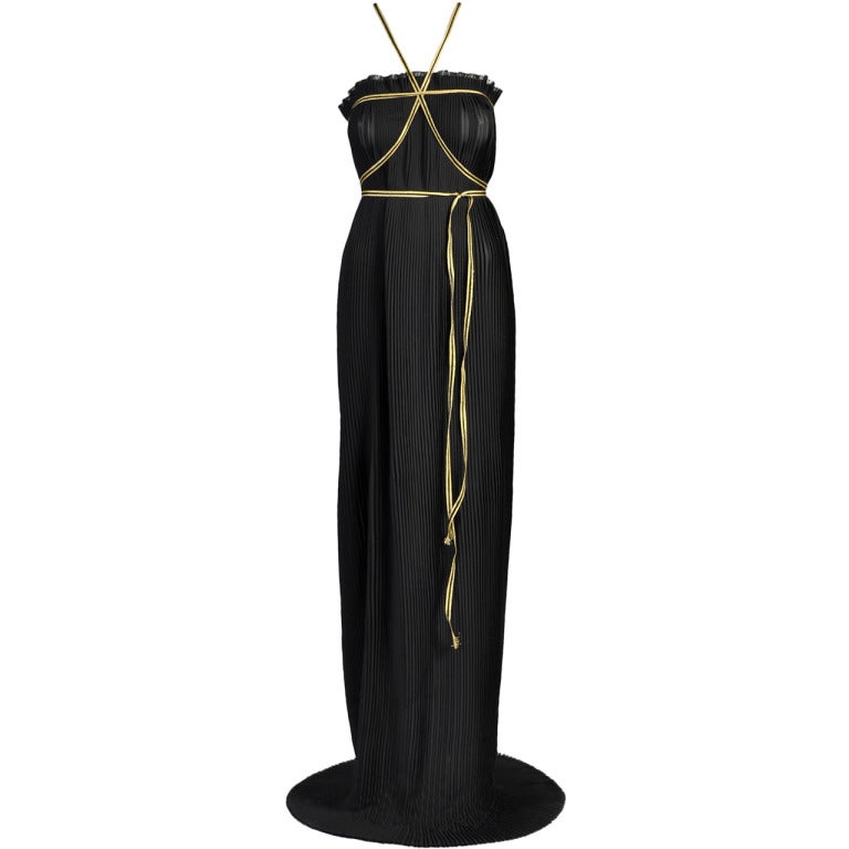 1970s Valentino Black + Gold Pleated Column Gown