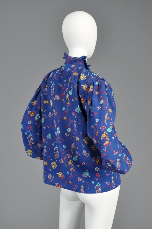 1970s Ungaro Silk Floral Birds Ruffle Front Blouse For Sale 3