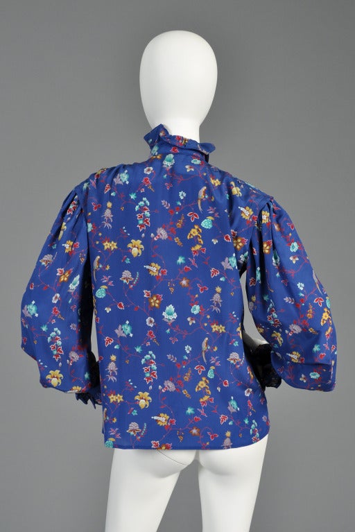 1970s Ungaro Silk Floral Birds Ruffle Front Blouse For Sale 4
