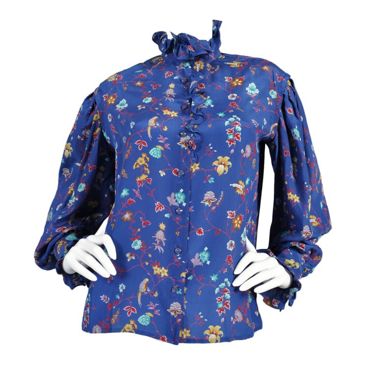 1970s Ungaro Silk Floral Birds Ruffle Front Blouse For Sale