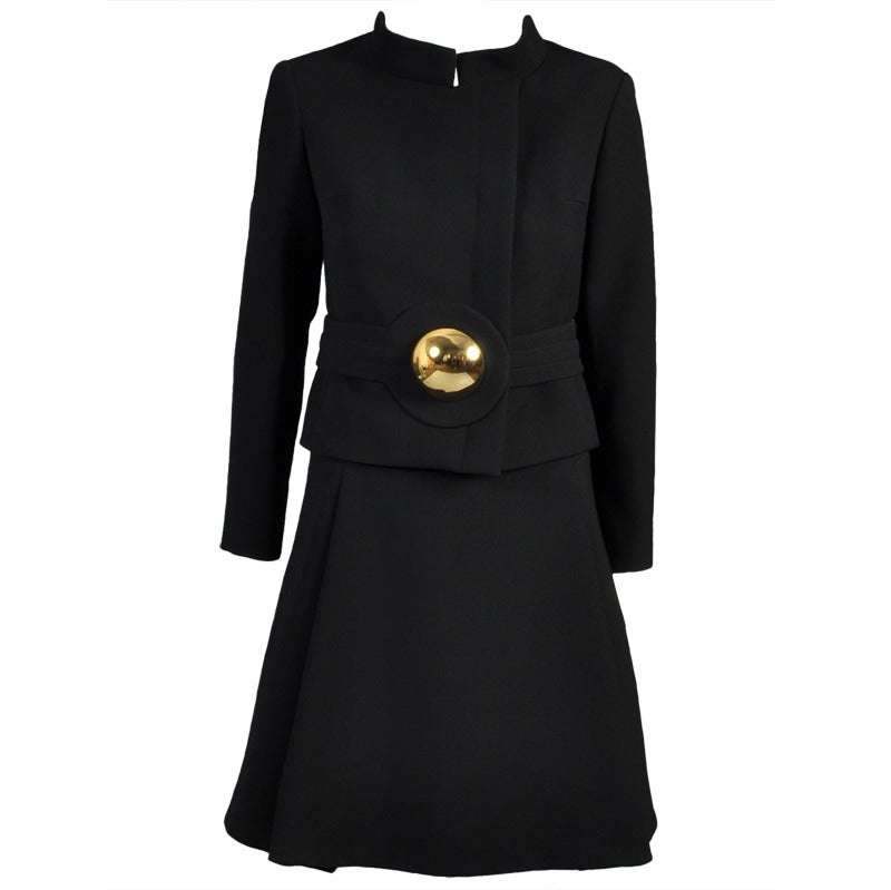Pierre Cardin 1960s Wool Suit with Gold Brooch For Sale