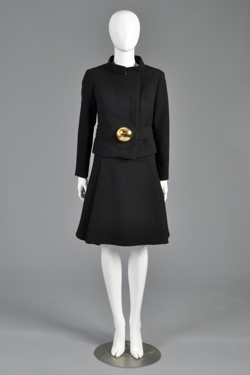Pierre Cardin 1960s Wool Suit with Gold Brooch