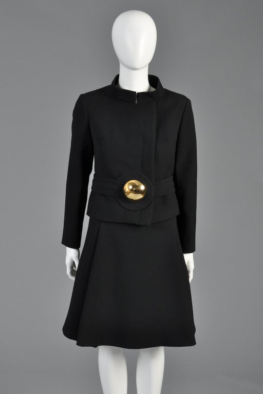Black Pierre Cardin 1960s Wool Suit with Gold Brooch For Sale