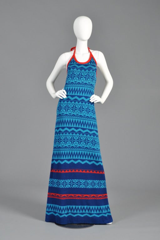 Vintage 1970s Giorgio di Sant'Angelo knit halter dress. Entirely backless with ethnic pattern. Classic Sant'Angelo! Excellent vintage condition - looks unworn. 

MEASUREMENTS
Bust: up to 34