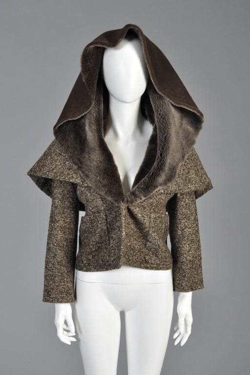 Black Krizia Wool Jacket with Massive Shearling Fur Collar