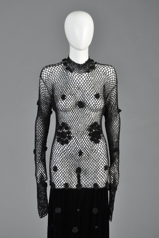 Black Moschino Deadstock Crochet + Velvet Evening Gown with Fringe For Sale