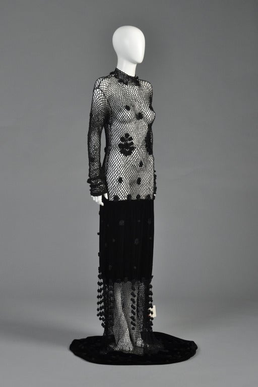 Moschino Deadstock Crochet + Velvet Evening Gown with Fringe For Sale 1