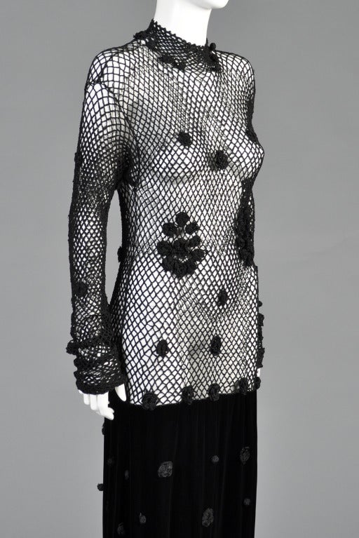 Moschino Deadstock Crochet + Velvet Evening Gown with Fringe For Sale 2