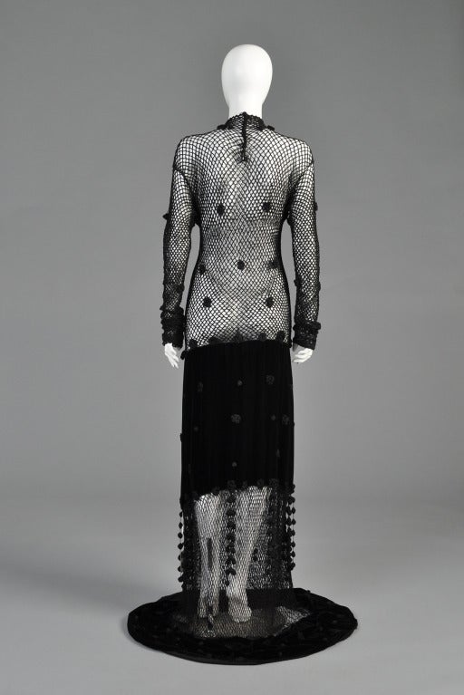 Moschino Deadstock Crochet + Velvet Evening Gown with Fringe For Sale 3