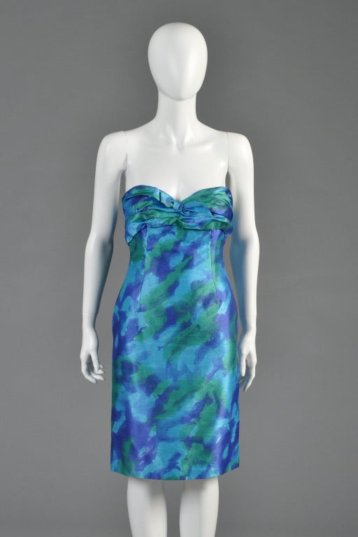 Blue Loris Azzaro Watercolor Silk Cocktail Dress For Sale