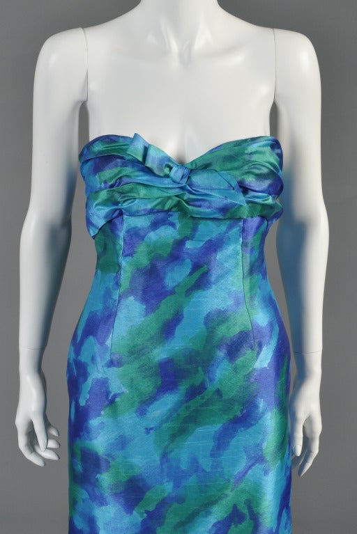 Loris Azzaro Watercolor Silk Cocktail Dress In Excellent Condition For Sale In Yucca Valley, CA