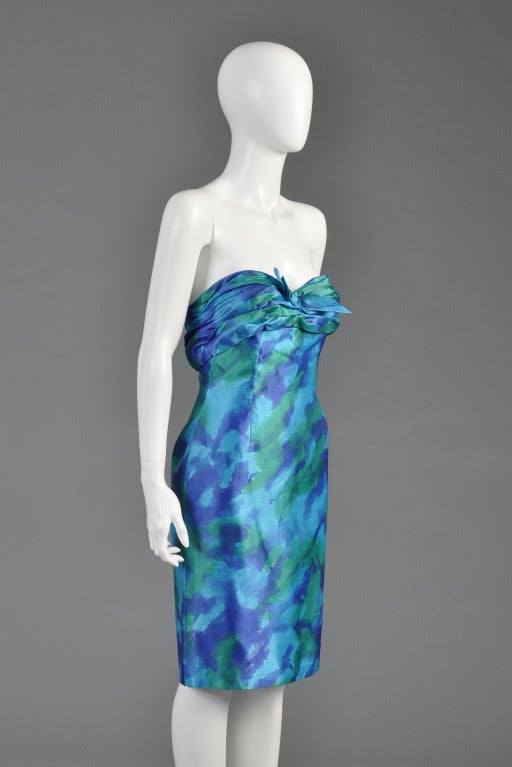 Loris Azzaro Watercolor Silk Cocktail Dress For Sale 1