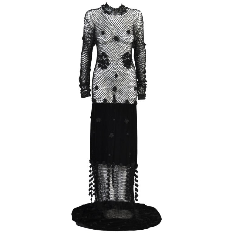 Moschino Deadstock Crochet + Velvet Evening Gown with Fringe For Sale