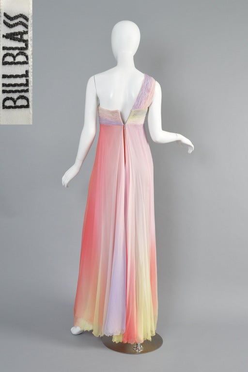 Bill Blass Rainbow Silk Chiffon  One Shoulder Gown 6