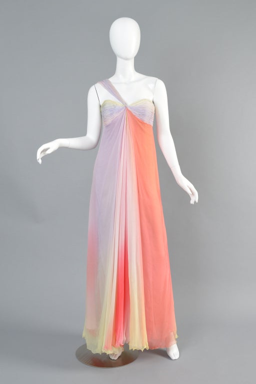 Beautiful Bill Blass rainbow silk ombre evening gown. Incredible find! Gathered bodice with empire waist + single asymmetric strap. Draped front panels have the most amazing movement! Such a rare + incredible find!

MEASUREMENTS
Bust: 34