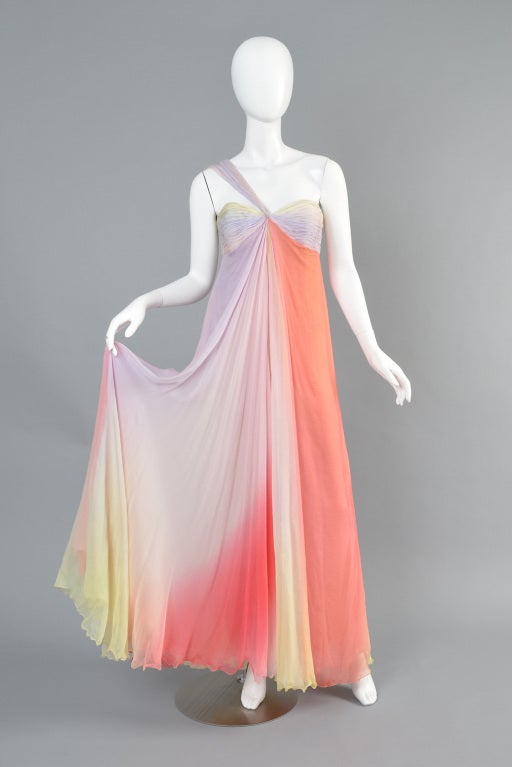 Bill Blass Rainbow Silk Chiffon  One Shoulder Gown In Excellent Condition In Yucca Valley, CA