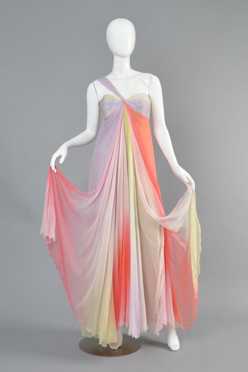 Women's Bill Blass Rainbow Silk Chiffon  One Shoulder Gown