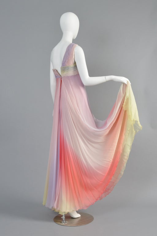 Bill Blass Rainbow Silk Chiffon  One Shoulder Gown 5