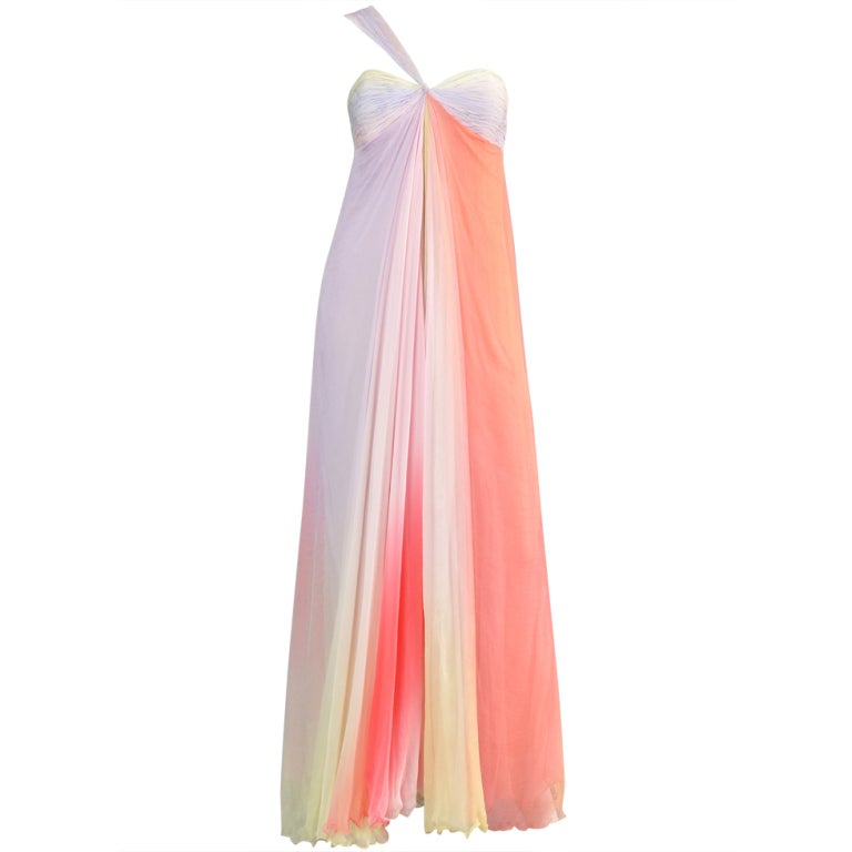 Bill Blass Rainbow Silk Chiffon  One Shoulder Gown