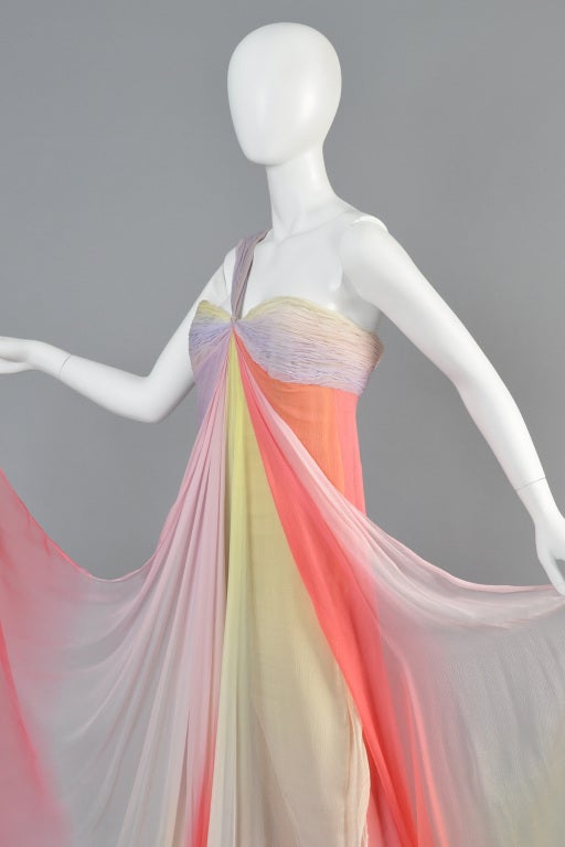 Bill Blass Rainbow Silk Chiffon  One Shoulder Gown 4