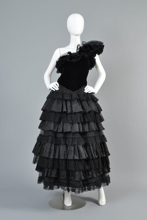 Valentino Ruffled Velvet + Lace Evening Gown