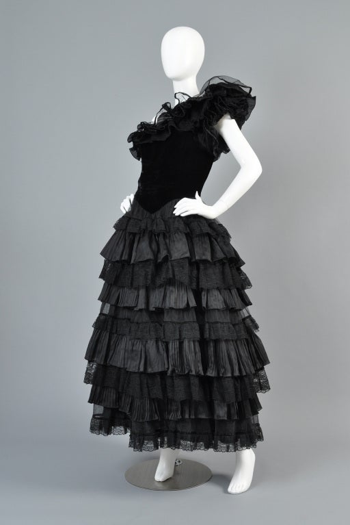 Valentino Ruffled Velvet + Lace Evening Gown 1