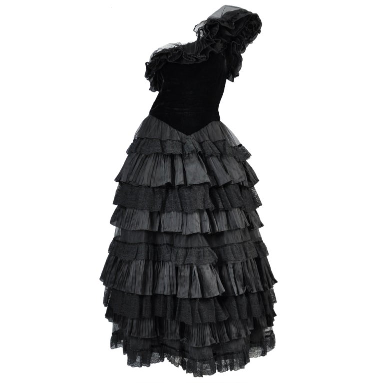 Valentino Ruffled Velvet + Lace Evening Gown