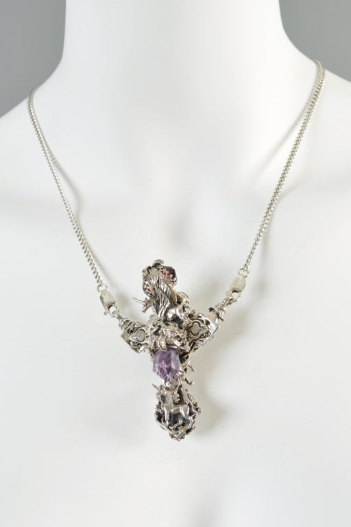 Huge Bob Stringer one-of-a-kind sterling silver, London blue topaz, garnet + amethyst cross pendant. Amazing piece. Double sided so works as 2 necklaces in 1! Sterling 3D unicorn + pegasus motif with leaves, florals, topaz, garnet + amethyst.