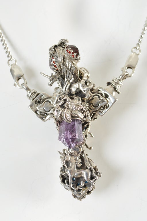 Bob Stringer Sterling Unicorns + Gem Stones Cross Pendant In Excellent Condition In Yucca Valley, CA