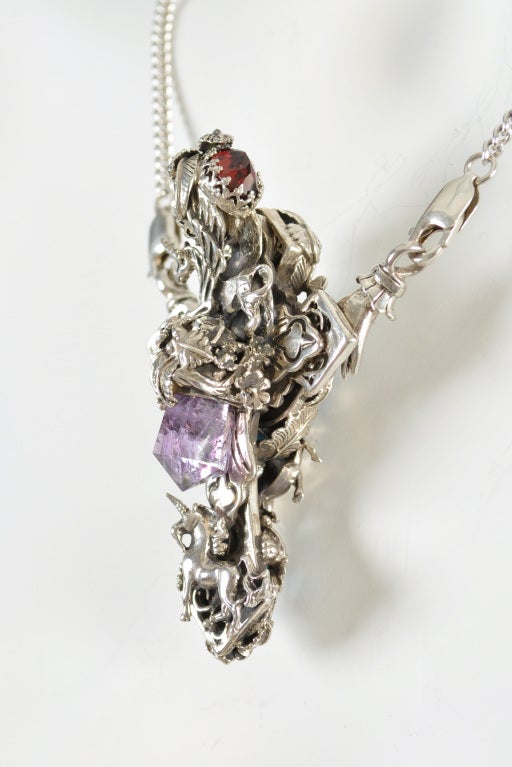 Bob Stringer Sterling Unicorns + Gem Stones Cross Pendant at 1stDibs
