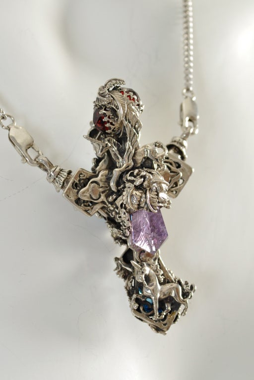 Bob Stringer Sterling Unicorns + Gem Stones Cross Pendant at 1stDibs