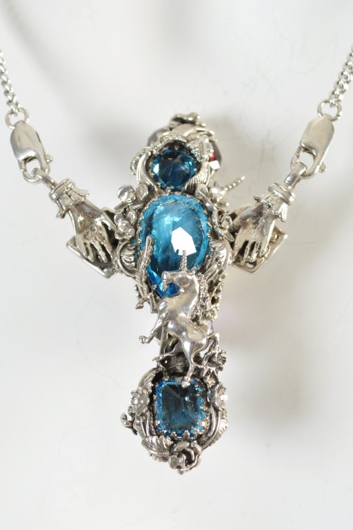 Bob Stringer Sterling Unicorns + Gem Stones Cross Pendant at 1stDibs