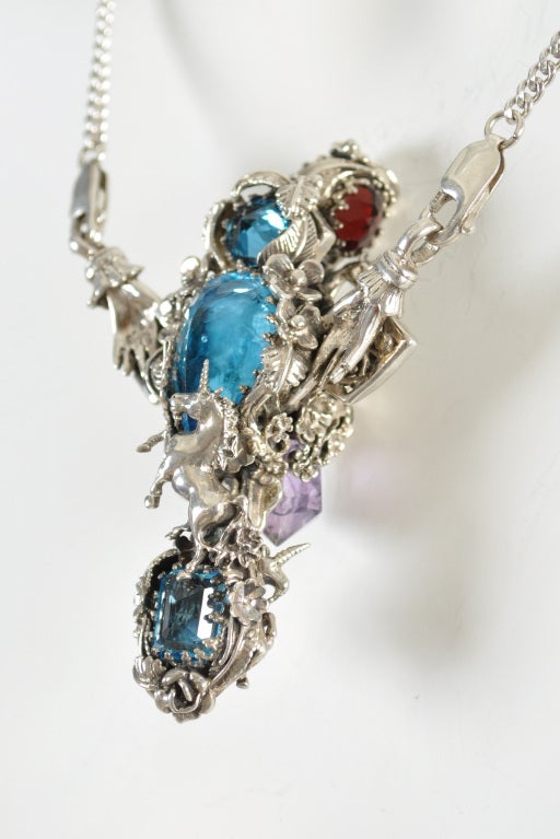 Bob Stringer Sterling Unicorns + Gem Stones Cross Pendant at 1stDibs