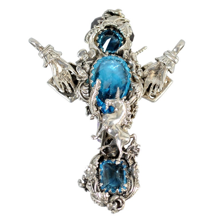 Bob Stringer Sterling Unicorns + Gem Stones Cross Pendant at 1stDibs