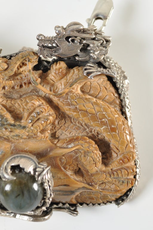 Women's or Men's Bob Stringer Carved Ivory, Labradorite + Sterling Dragon Pendant