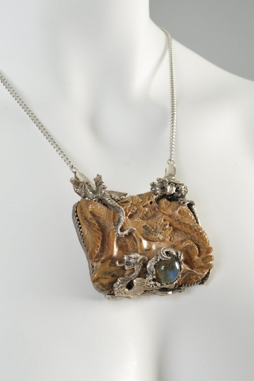 Bob Stringer Carved Ivory, Labradorite + Sterling Dragon Pendant 3