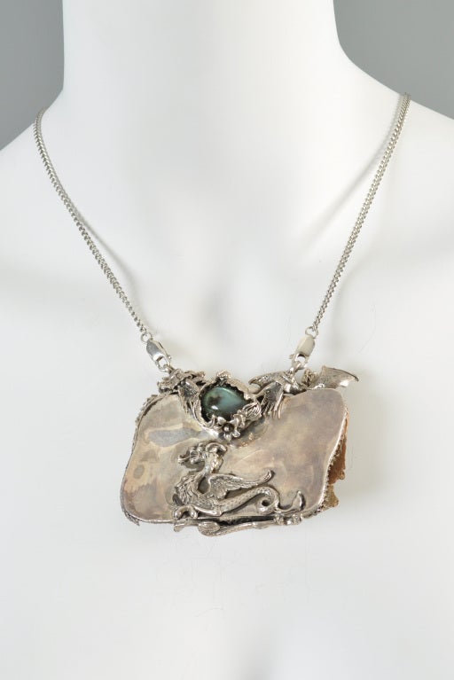 Bob Stringer Carved Ivory, Labradorite + Sterling Dragon Pendant 4