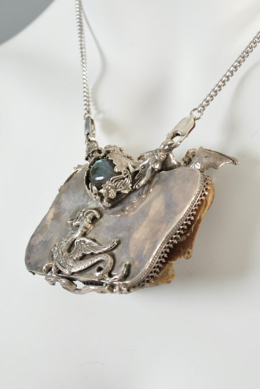 Bob Stringer Carved Ivory, Labradorite + Sterling Dragon Pendant 5