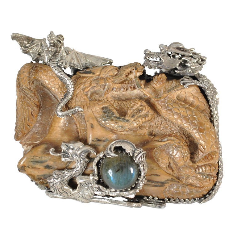 Bob Stringer Carved Ivory, Labradorite + Sterling Dragon Pendant