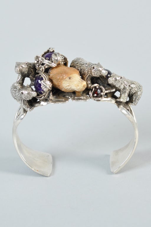 Bob Stringer Sterling Silver, Horn, Ruby + Amethyst Bear Cuff In Excellent Condition In Yucca Valley, CA