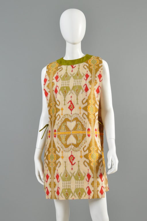 Beige Pierre Cardin 1960s Couture Ethnic Print Tabard Dress