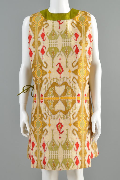 Pierre Cardin 1960s Couture Ethnic Print Tabard Dress In Excellent Condition In Yucca Valley, CA