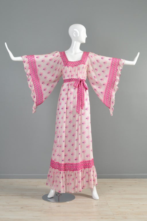 Angel-Sleeved Art Nouveau Silk India Maxi Dress
