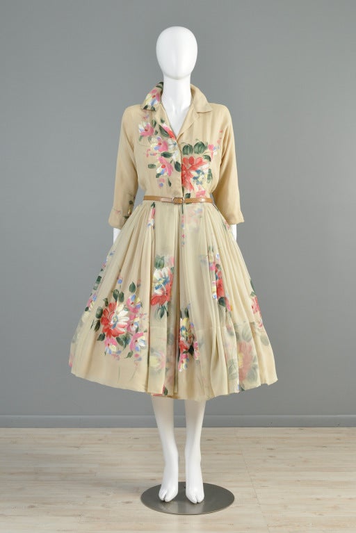 Holly Hoelscher Hand Painted 1950s Silk Chiffon Party Dress