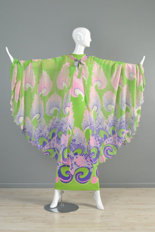 La Mendola 1960s silk jersey 2-piece ensemble. Spectacular find. Incredible silk jersey art-nouveau inspired pattern! Fitted silk jersey maxi dress also includes a spectacular sheer chiffon over layer that can be worn as an over skirt or cape.