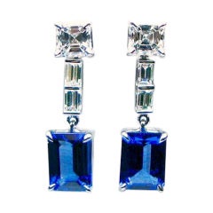 Emerald Cut Tanzanite and Diamond Drop Earrings 3