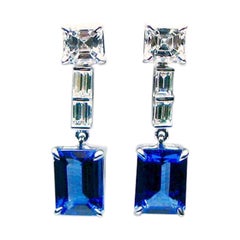 Emerald Cut Tanzanite and Diamond Drop Earrings